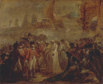 Die Kapitulation der beiden Söhne von Tipu Sahib, Sultan von Mysore, vor Sir David Baird von Henry Singleton